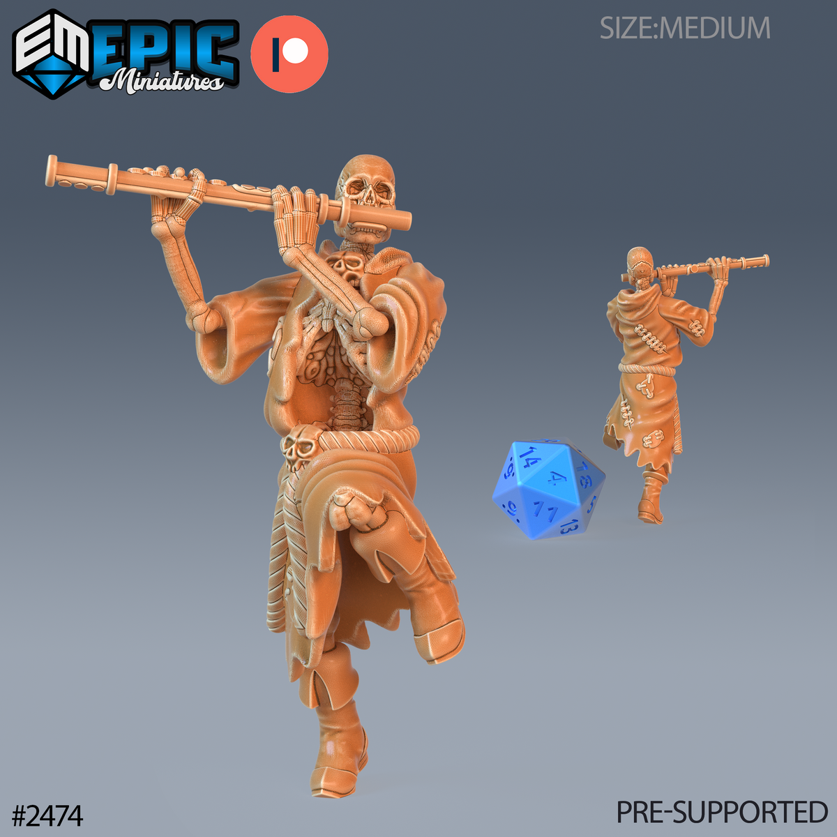 #2474 - Figurine JDR Skeleton Musician Flute pour jeu de rôle - Imprimée en résine - Échelle 32mm - Epic Miniature