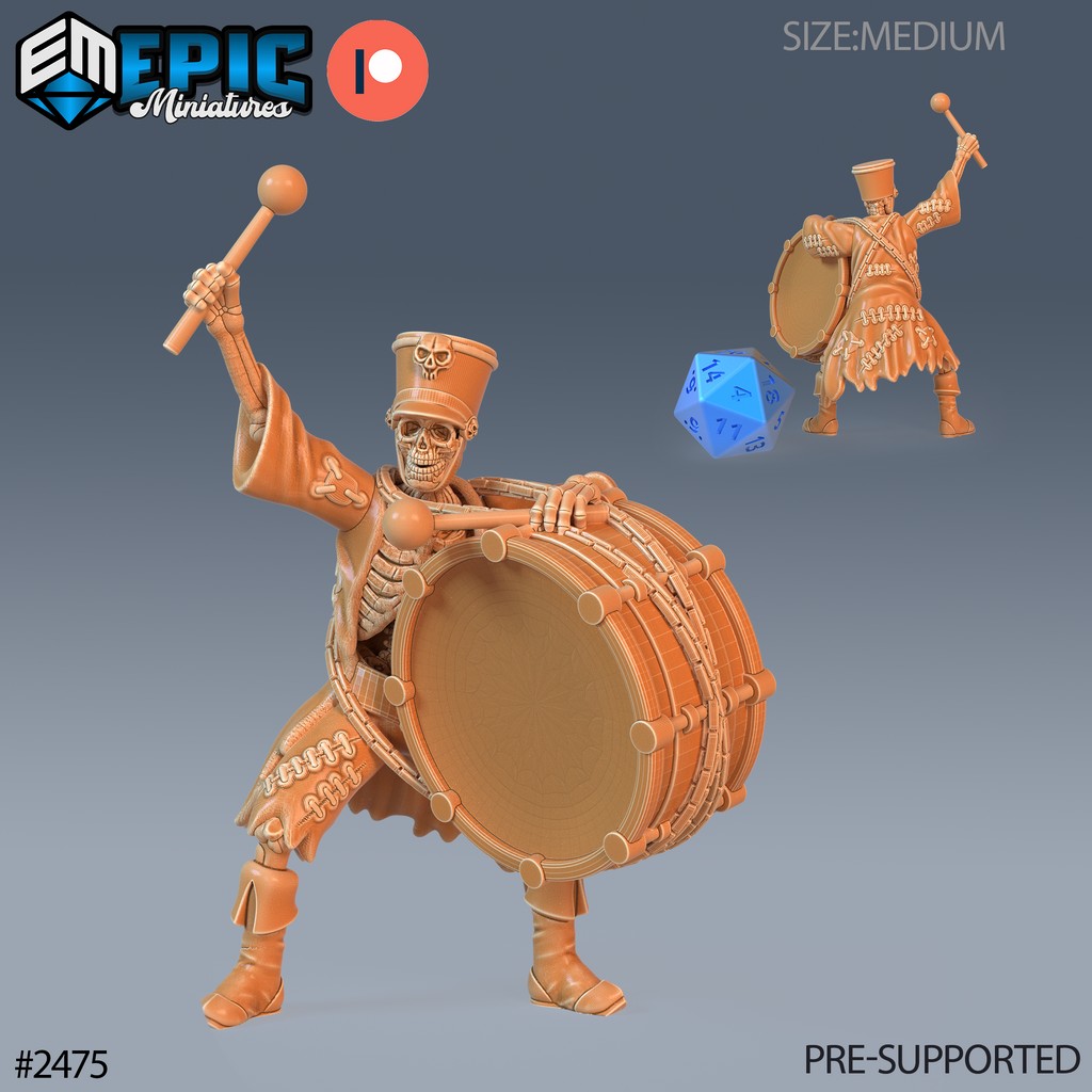 #2475 - Figurine JDR Skeleton Musician Drum pour jeu de rôle - Imprimée en résine - Échelle 32mm - Epic Miniature