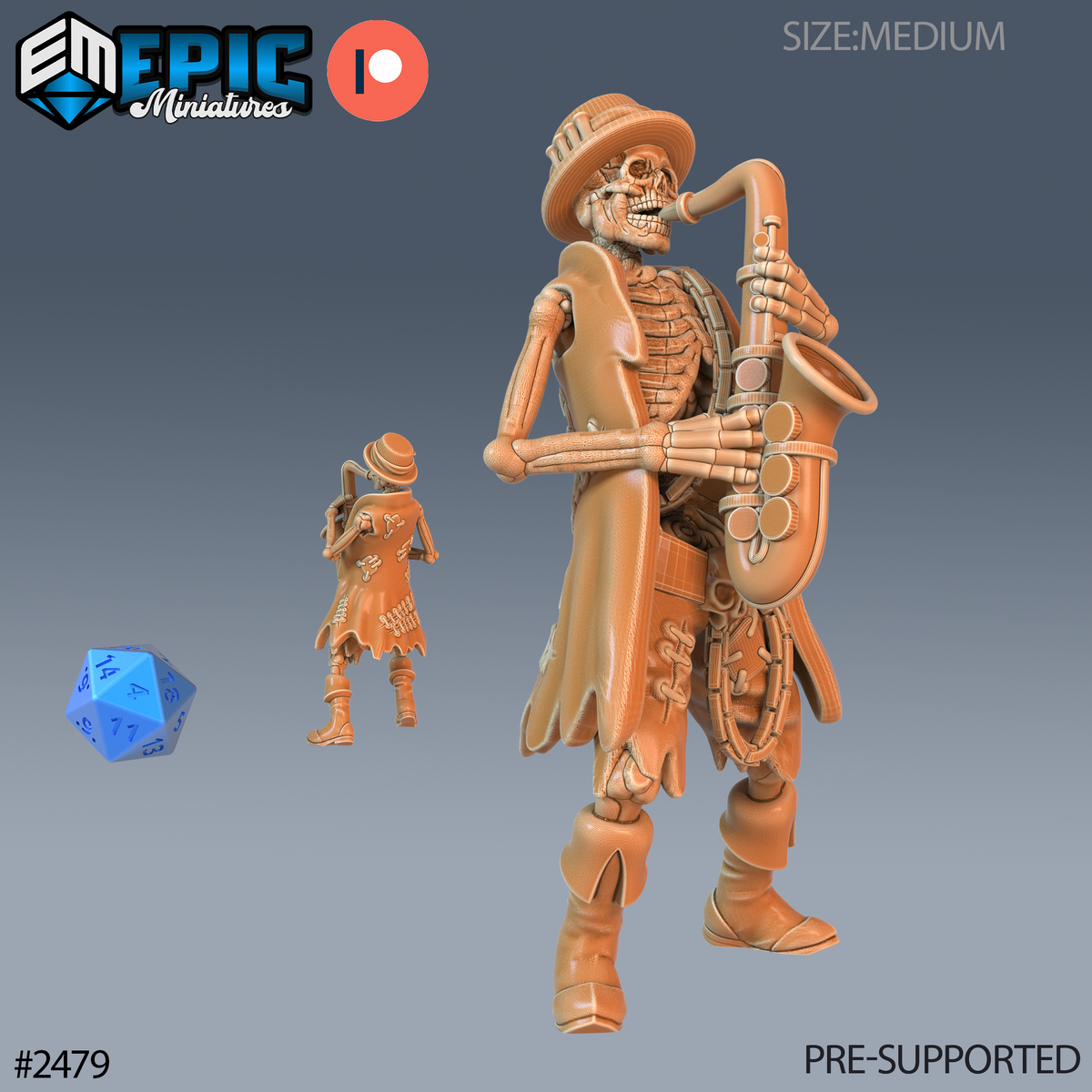 #2479 - Figurine JDR Skeleton Musician Saxophone pour jeu de rôle - Imprimée en résine - Échelle 32mm - Epic Miniature