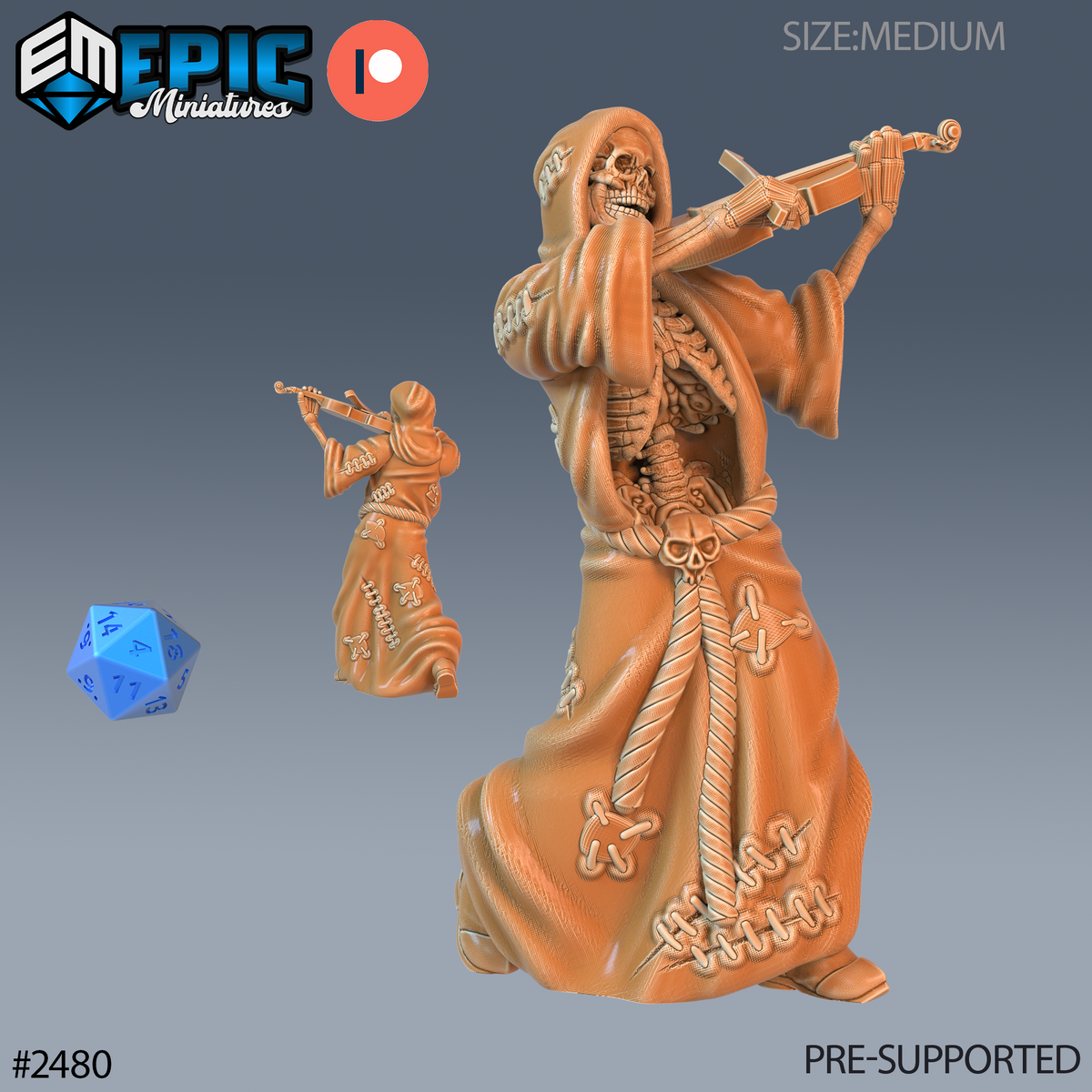 #2480 - Figurine JDR Skeleton Musician Violin pour jeu de rôle - Imprimée en résine - Échelle 32mm - Epic Miniature