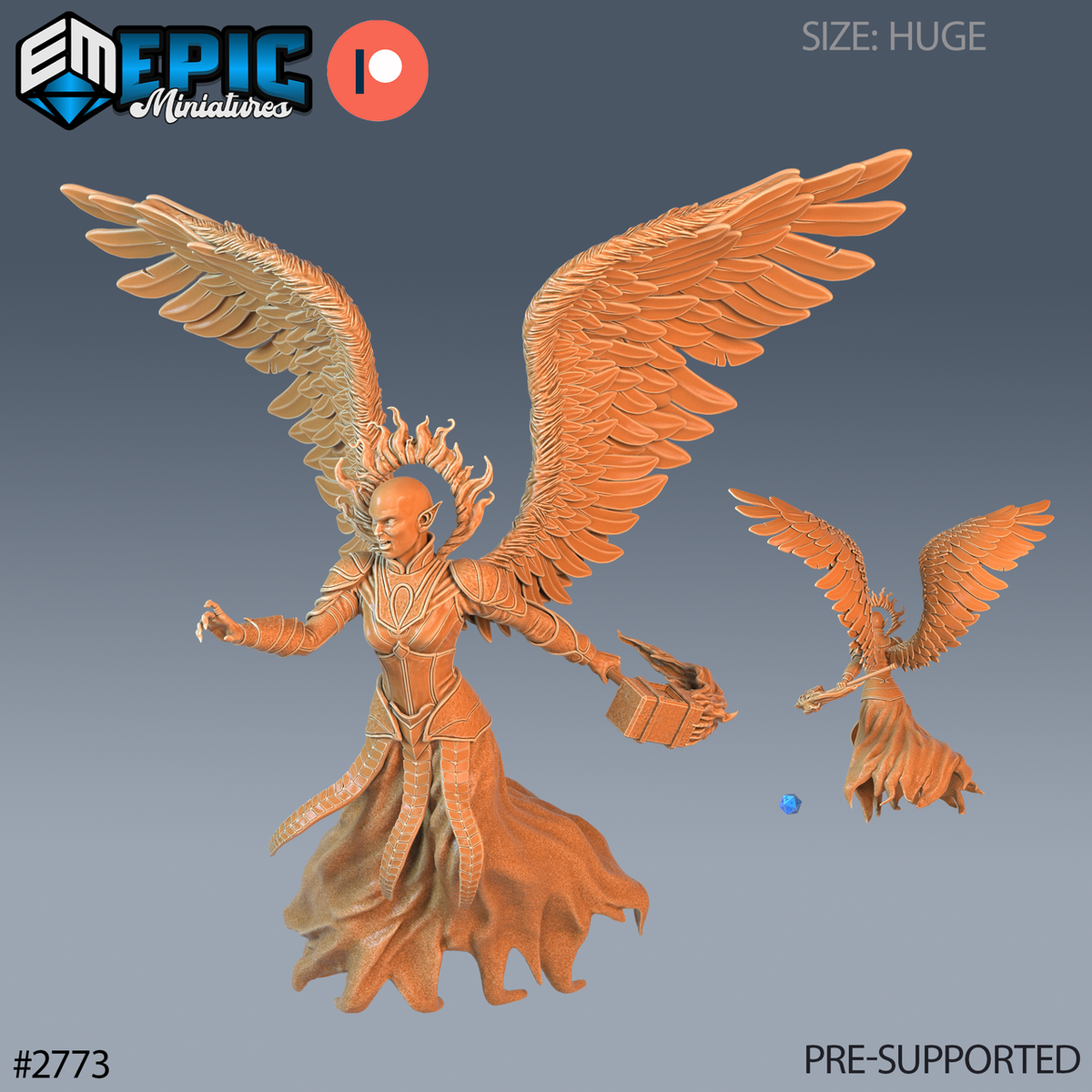 Hells Angel Zariel Attacking, ange en armure aux grandes ailes à plumes relevées, chevelure de flammes et marteau tenu à une main, avec petite vue arrière