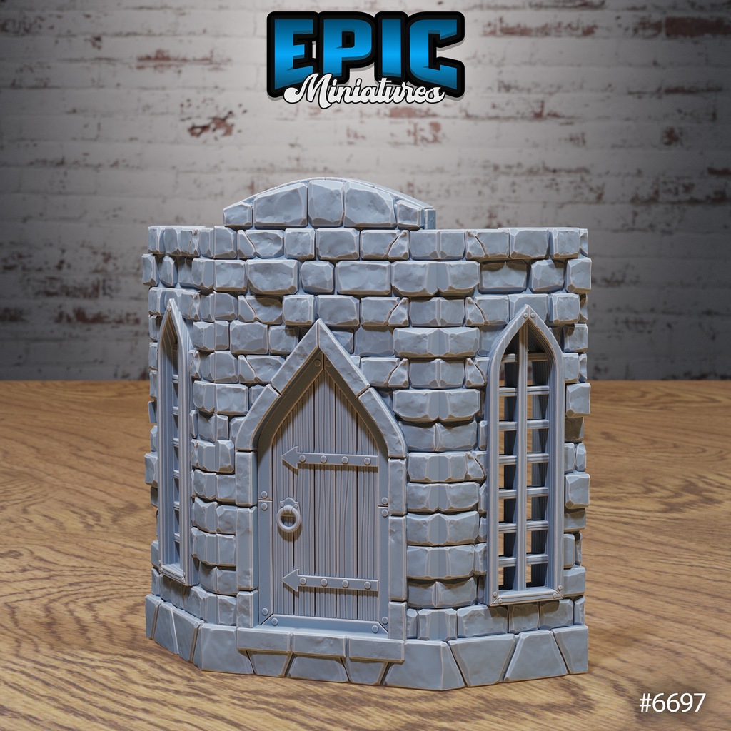 Vue arrière de la façade Lich Crypt Environment, montrant la maçonnerie, la porte à ferrures et les deux fenêtres étroites à barreaux