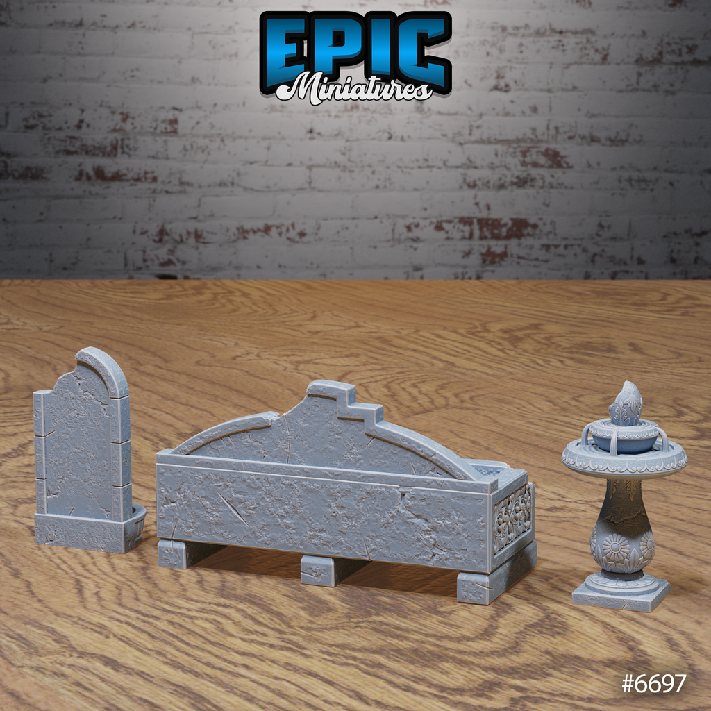 Vue arrière des trois fontaines Lich Crypt Environment, montrant les panneaux à texture de pierre, les motifs floraux et la fontaine sur pied