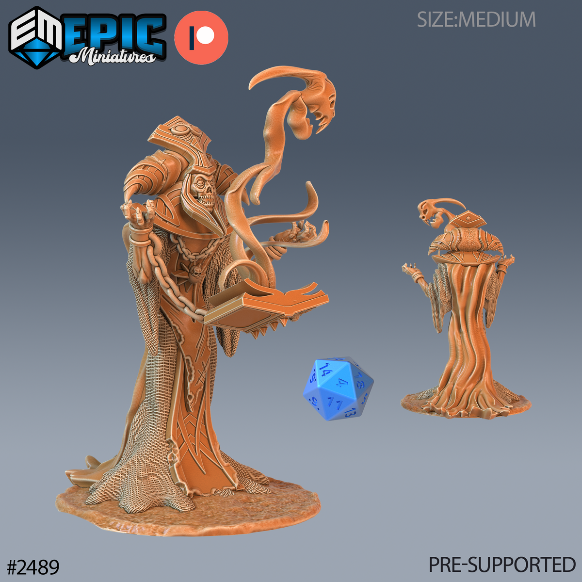 Figurine JDR Arch Lich Magic, liche à la coiffe cornue invoquant une forme spectrale au-dessus d’un grimoire ouvert, vue avant et arrière.