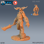 Baphomet, démon musclé aux grandes cornes recourbées et à la gueule ouverte, tenant une lourde arme abaissée, un pied sur un rocher, avec une petite vue arrière