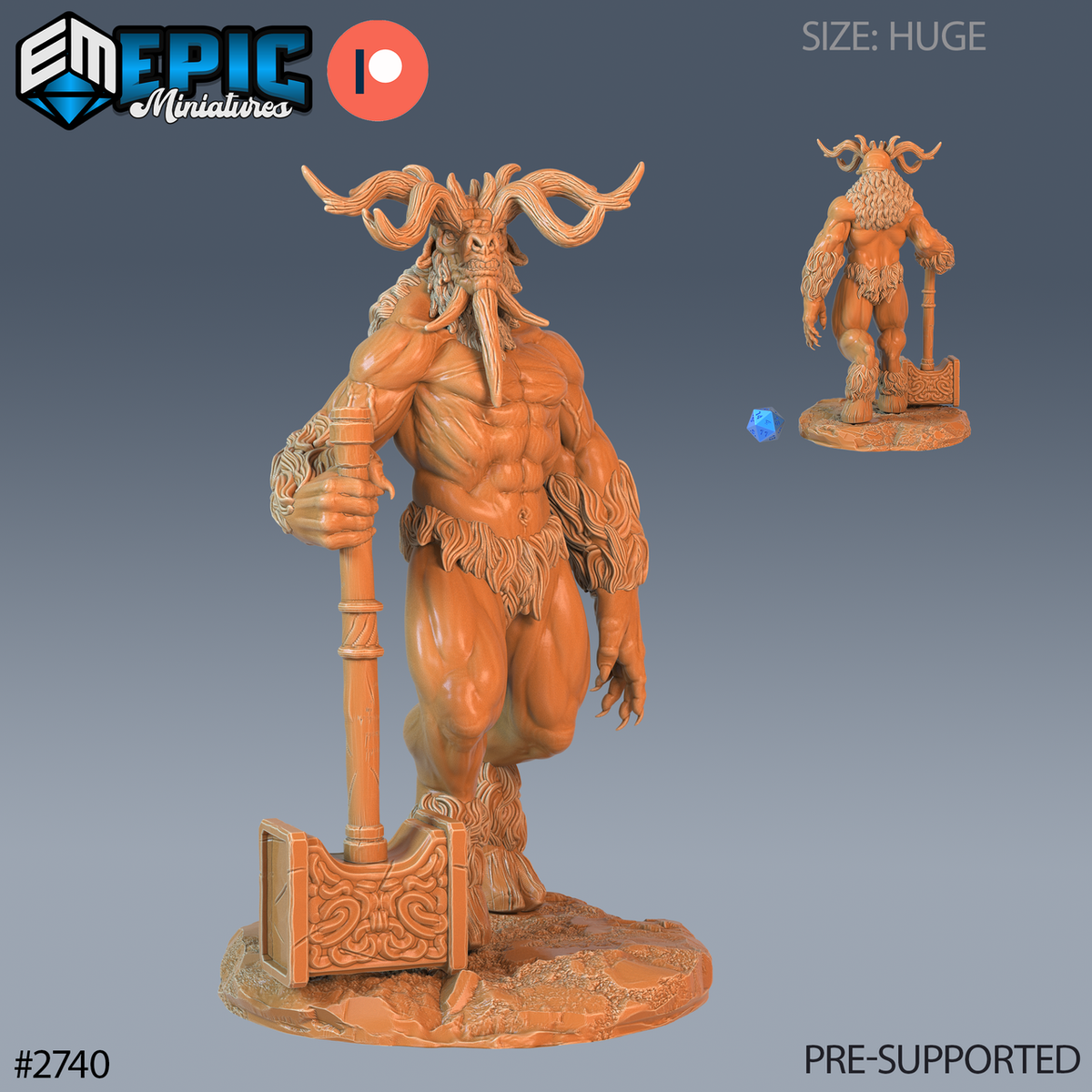 Baphomet Hammer, démon musclé aux grandes cornes recourbées, tenant un marteau vertical dont la tête ornée repose au sol, avec une petite vue arrière