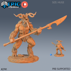 Baphomet Spear, démon musclé aux grandes cornes recourbées et à la gueule ouverte, tenant une longue lance en diagonale à deux mains, avec une petite vue arrière