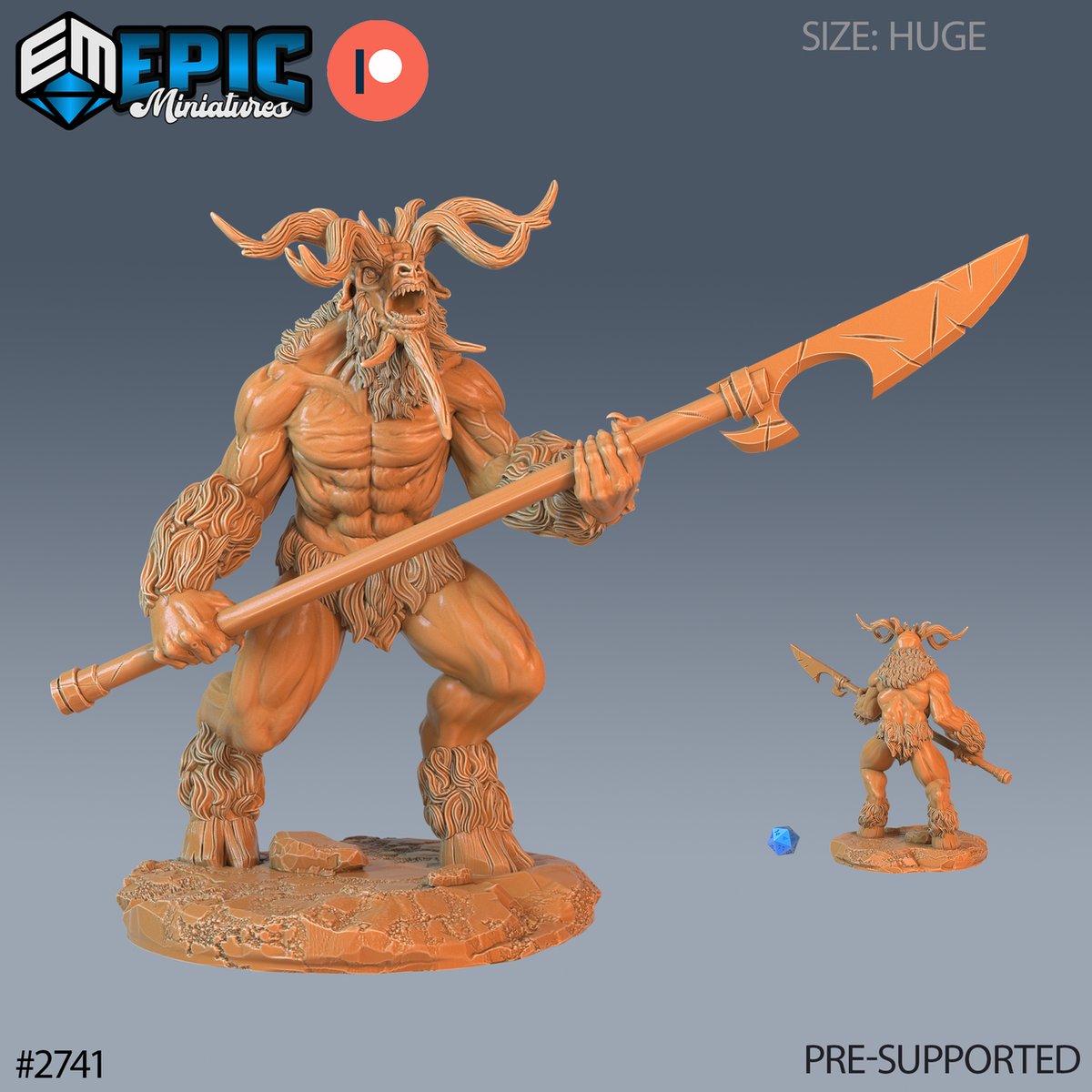 Baphomet Spear, démon musclé aux grandes cornes recourbées et à la gueule ouverte, tenant une longue lance en diagonale à deux mains, avec une petite vue arrière