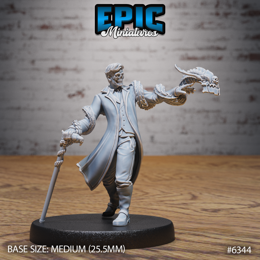 Figurine JDR Blue Warlock Attack, occultiste en long manteau avançant avec une canne, bras tendu accompagné d’un dragon serpentin