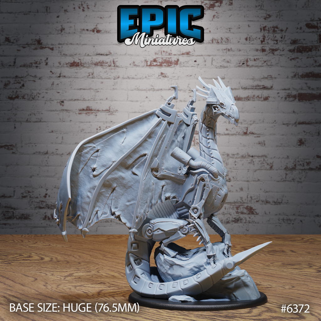 Figurine JDR Clockwork Dragon Aware, dragon mécanique aux ailes déployées sur un socle rocheux, vue de trois quarts.