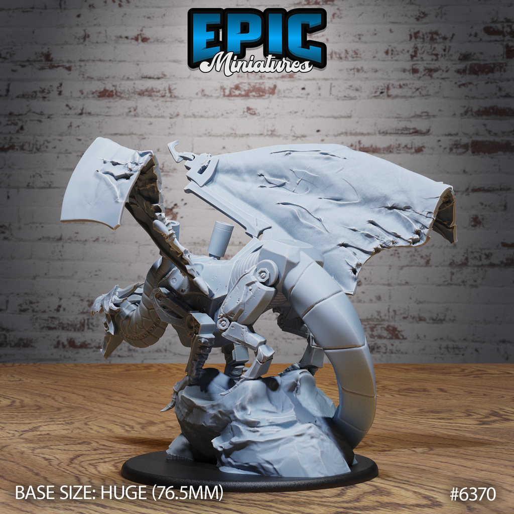Vue arrière de la figurine JDR Clockwork Dragon Roar, montrant les ailes déchirées, les articulations mécaniques et la queue recourbée autour des rochers