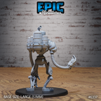 Vue arrière de la figurine JDR Construct Golem, montrant les éléments cylindriques à grilles, le tuyau d’échappement et les jambes mécaniques