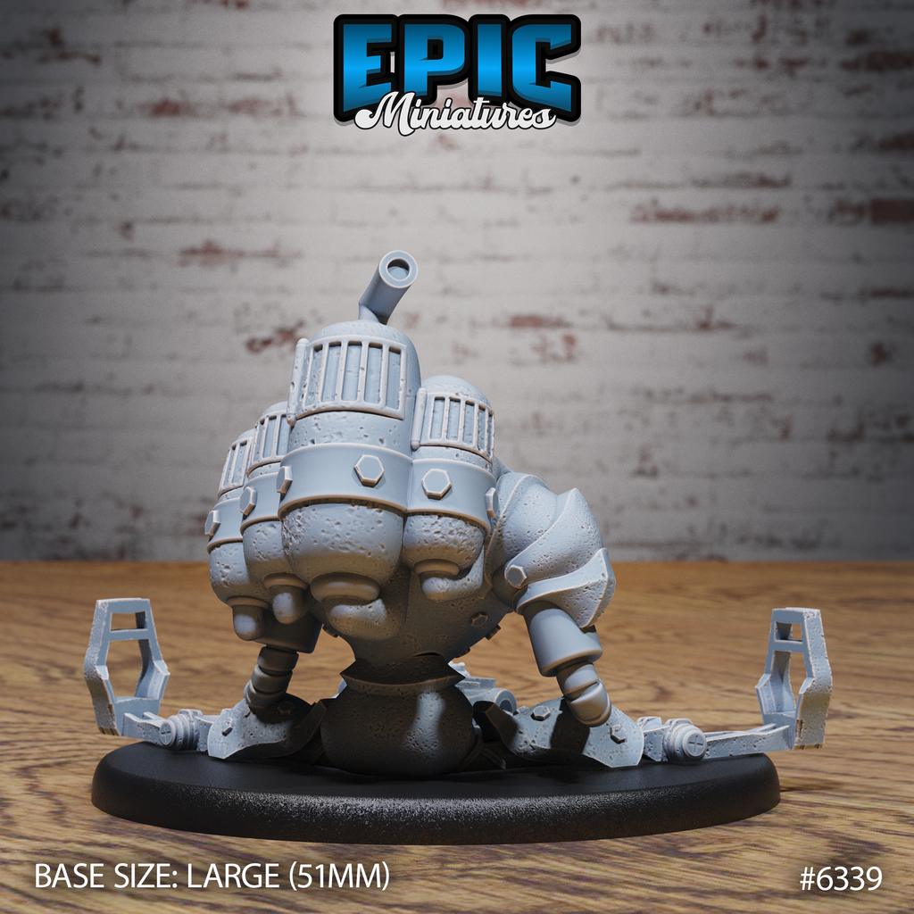 Vue arrière de la figurine JDR Construct Golem Power Loss, montrant les éléments dorsaux à grilles, le tuyau d’échappement et les jambes écartées au sol