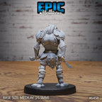 Vue arrière du Dragonborn Warrior, montrant son armure, ses épaulières, ses protections rivetées et ses deux lames courtes courbes