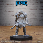 Figurine JDR Dragonborn Warrior, guerrier drakéide debout en armure aux larges épaulières, tenant deux lames courtes courbes abaissées