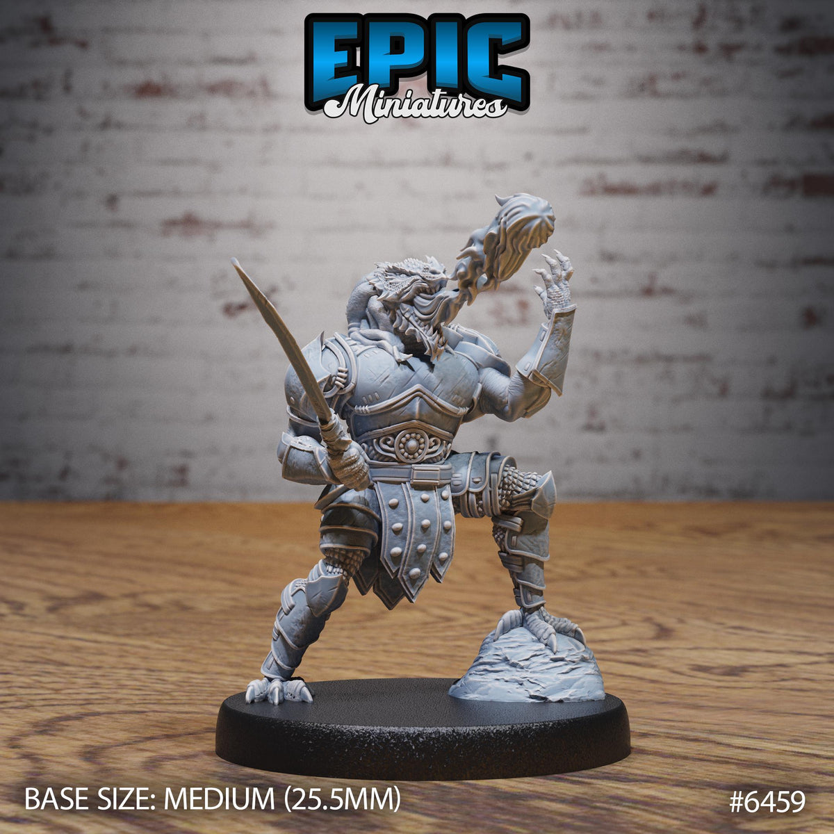 Figurine JDR Dragonborn Warrior Magic, guerrier drakéide en armure tenant une lame, la main libre levée près d’un effet magique devant sa gueule