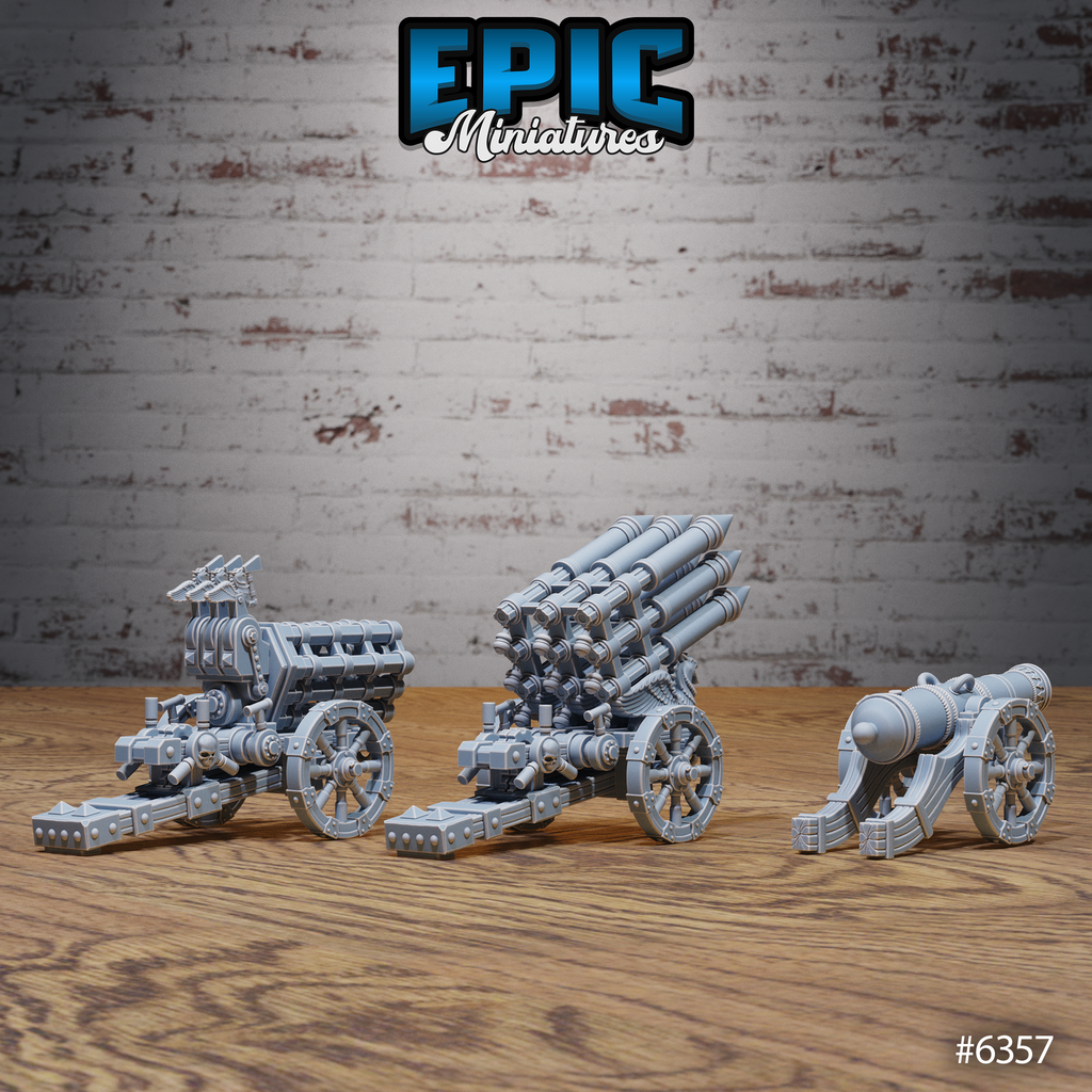 Vue arrière des trois pièces Dwarven Cannons, montrant les affûts, les roues à rayons et les mécanismes de l’artillerie naine