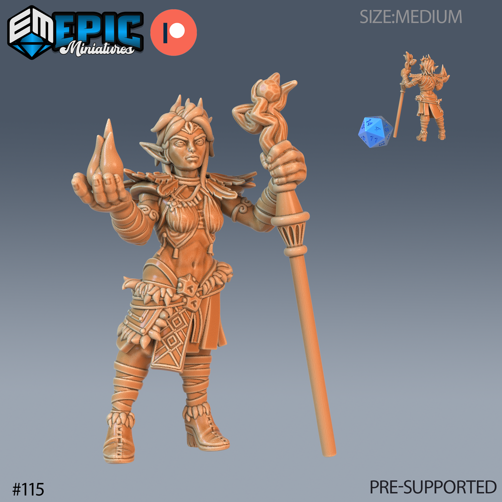 Figurine JDR Elf Druid – Player Character, druide elfe tenant un bâton orné et une flamme, avec une petite vue arrière
