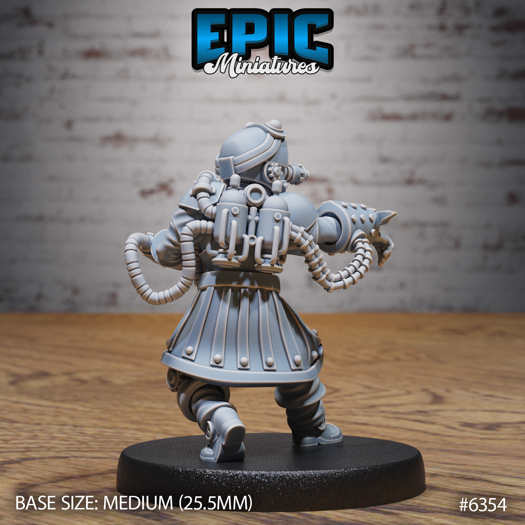 Vue arrière de la figurine JDR Enhanced Sharpshooter, montrant ses réservoirs dorsaux, les tuyaux reliés aux avant-bras et sa tenue en plaques rivetées