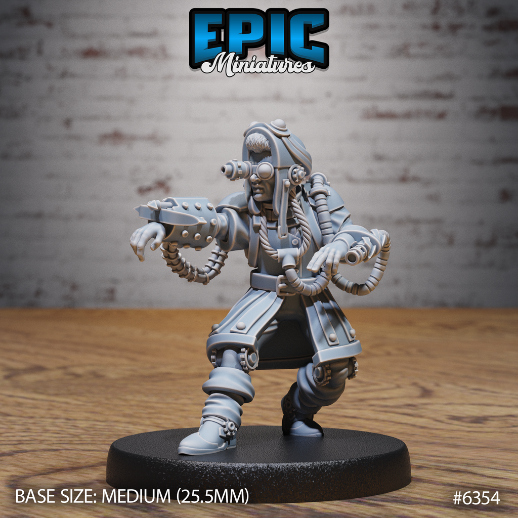 Figurine JDR Enhanced Sharpshooter, tireur augmenté avec dispositif de visée devant un œil, équipements aux avant-bras et tuyaux articulés