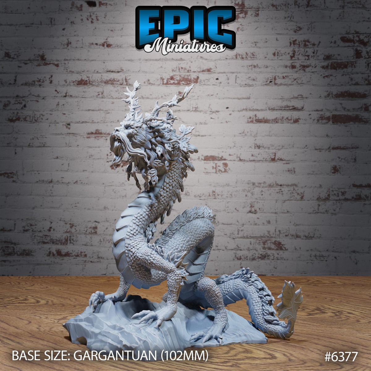 Figurine JDR Forest Lung Dragon, dragon serpentin dressé sur des rochers, avec cornes ramifiées, moustaches et crinière feuillue