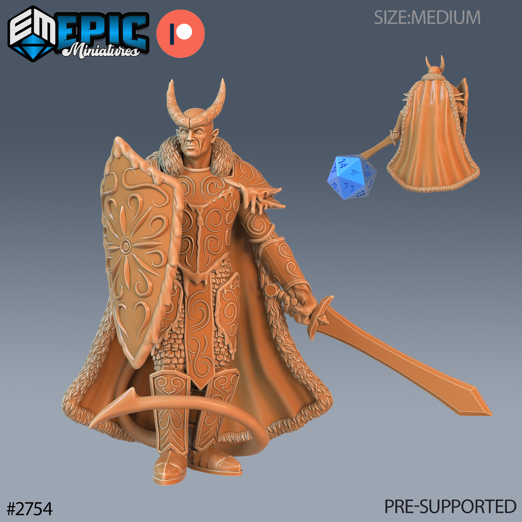 Frost Tiefling Paladin, paladin cornu en armure ornée et cape bordée de fourrure, tenant une épée abaissée et un grand bouclier, avec une petite vue arrière