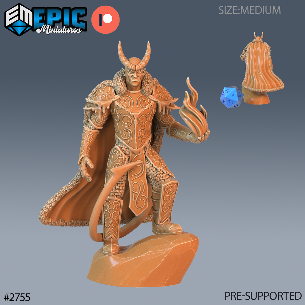 Frost Tiefling Paladin Flame, paladin cornu en armure ornée et cape bordée de fourrure, tenant des flammes dans sa main ouverte, debout sur un rocher, avec une petite vue arrière