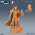Frost Tiefling Paladin Flame, paladin cornu en armure ornée et cape bordée de fourrure, tenant des flammes dans sa main ouverte, debout sur un rocher, avec une petite vue arrière
