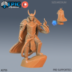 Frost Tiefling Paladin Flame, paladin cornu en armure ornée et cape bordée de fourrure, tenant des flammes dans sa main ouverte, debout sur un rocher, avec une petite vue arrière
