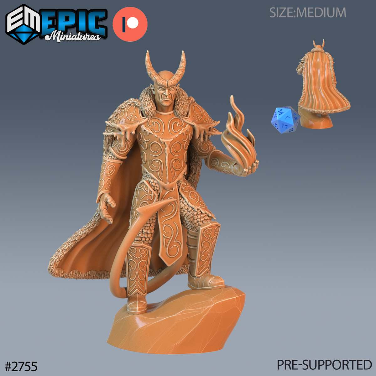 Frost Tiefling Paladin Flame, paladin cornu en armure ornée et cape bordée de fourrure, tenant des flammes dans sa main ouverte, debout sur un rocher, avec une petite vue arrière