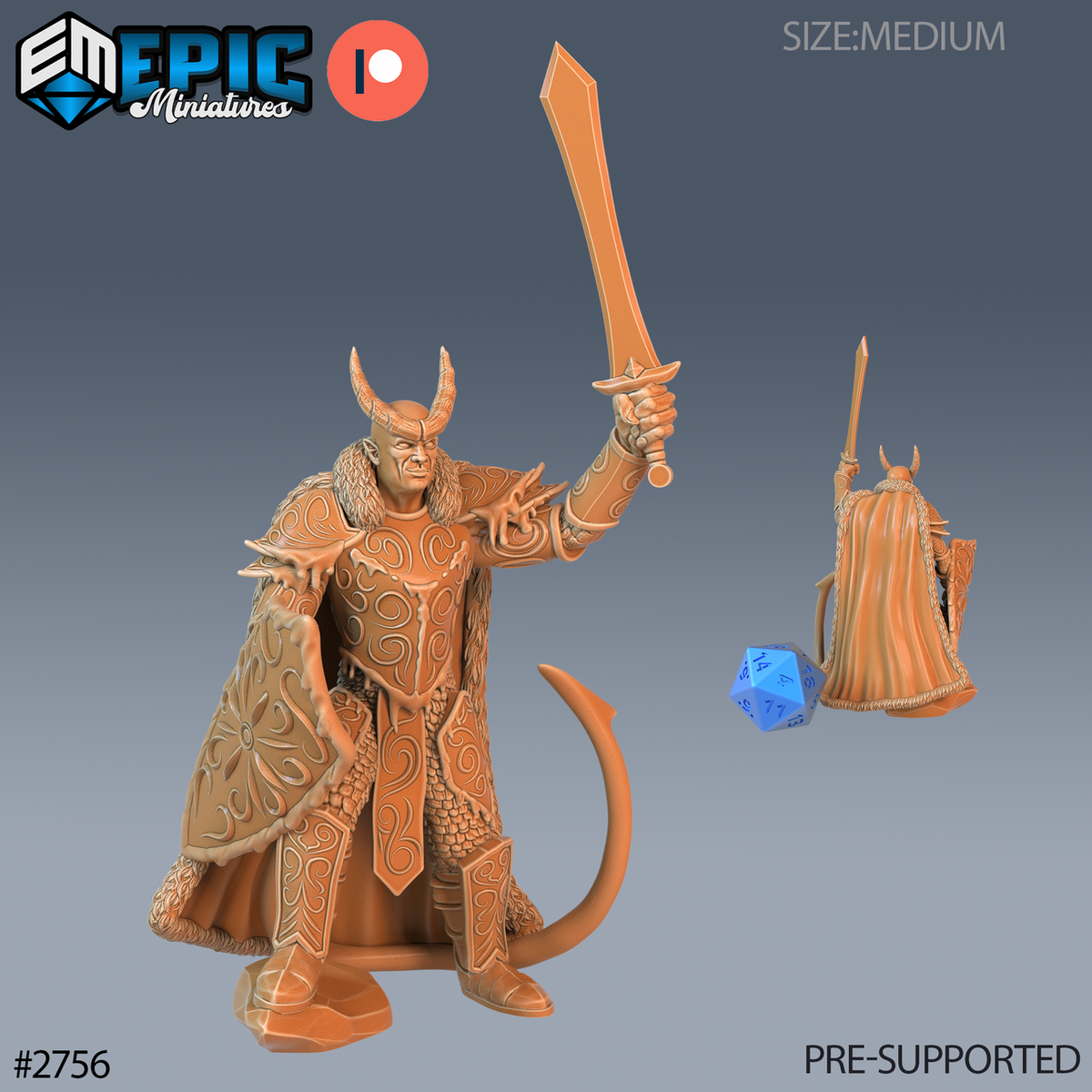 Frost Tiefling Paladin Victory, paladin cornu en armure ornée et cape bordée de fourrure, levant son épée au-dessus de sa tête et tenant un bouclier, avec une petite vue arrière