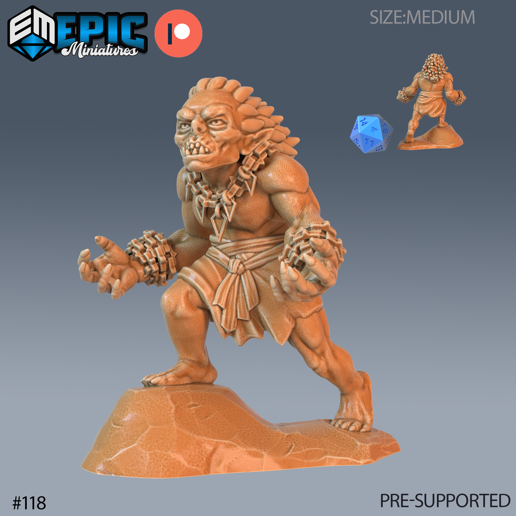 Figurine JDR Goblin Berserk, gobelin musclé aux mains ouvertes, portant des chaînes aux poignets sur un socle rocheux, avec une petite vue arrière.