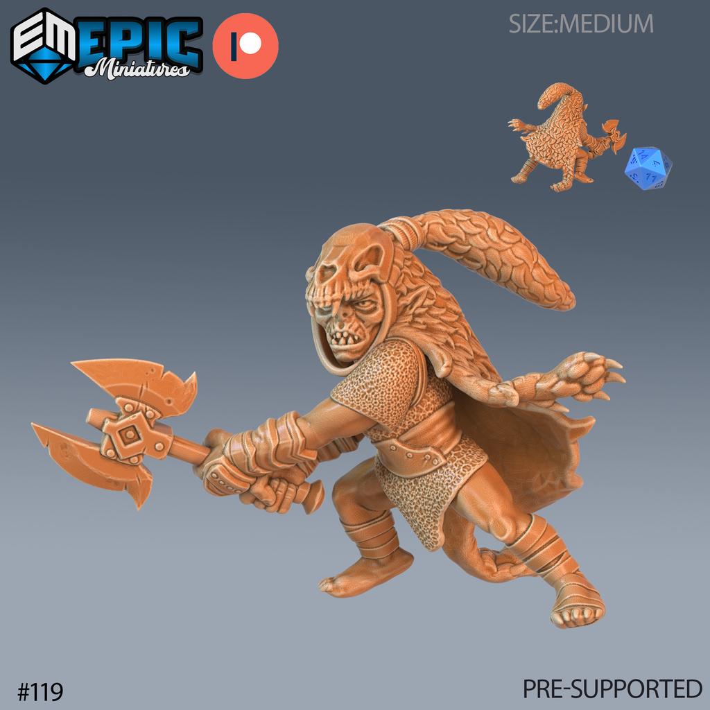 Figurine JDR Goblin Warrior, guerrier gobelin tenant une hache à double tranchant, portant une coiffe ornée d’un crâne et une cape, avec une petite vue arrière.