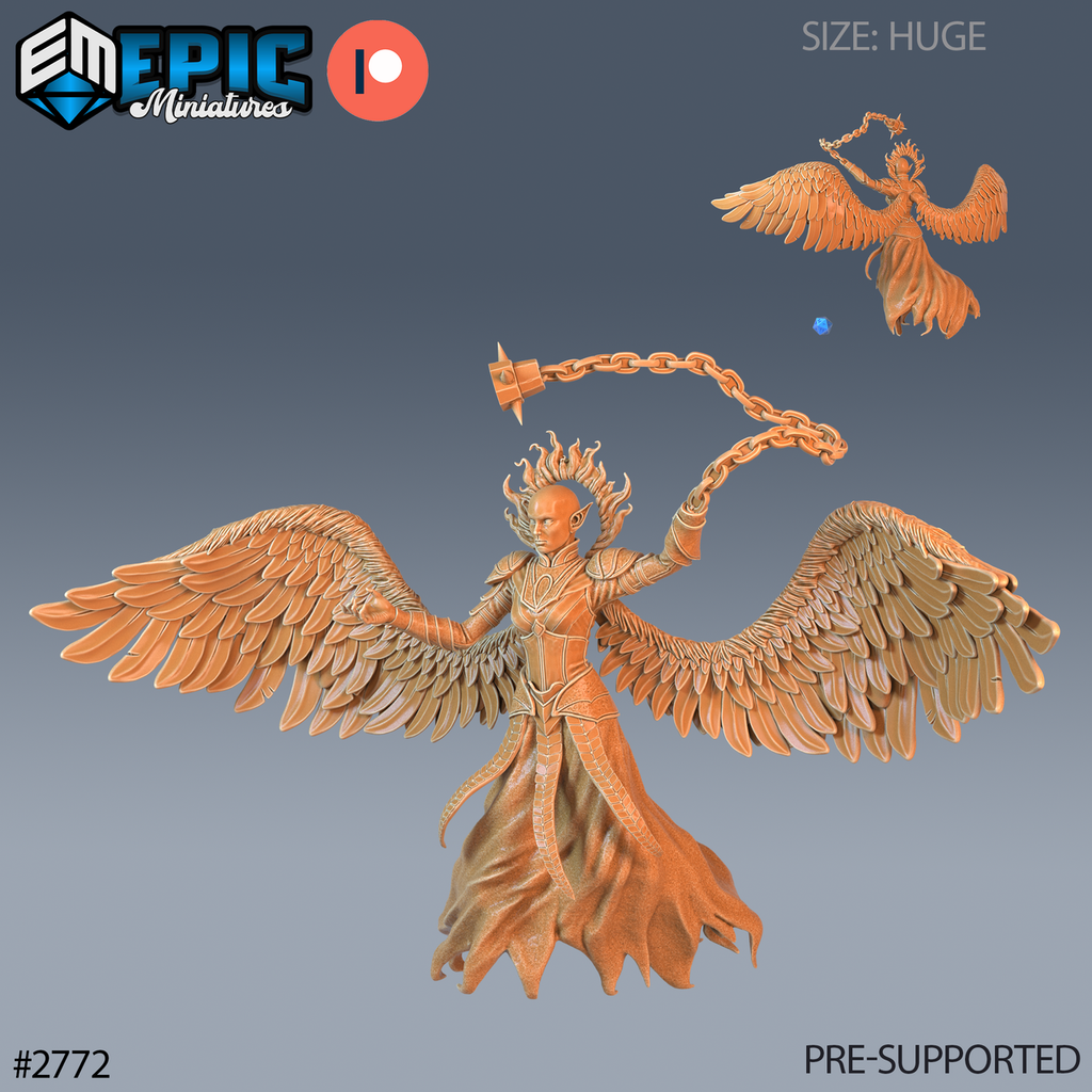 Hells Angel Zariel, ange en armure aux grandes ailes à plumes déployées, chevelure de flammes et fléau à chaîne levé, avec petite vue arrière