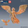 Hells Angel Zariel Magic, ange en armure aux grandes ailes à plumes déployées, chevelure de flammes et effets de flammes autour des deux mains, avec petite vue arrière