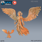 Hells Angel Zariel Magic, ange en armure aux grandes ailes à plumes déployées, chevelure de flammes et effets de flammes autour des deux mains, avec petite vue arrière