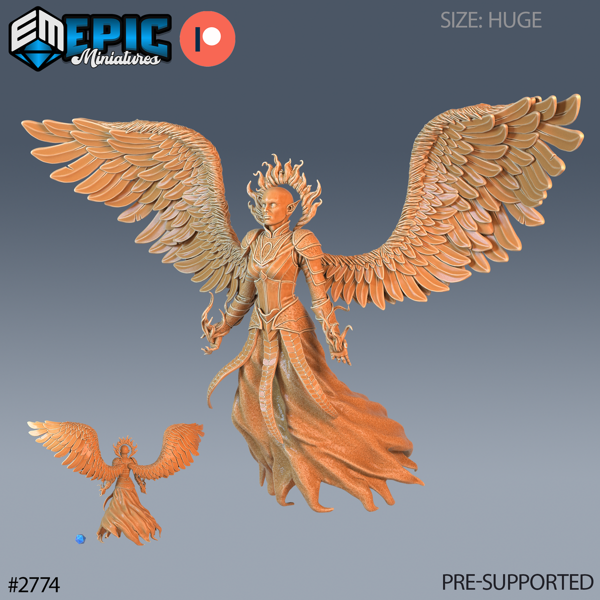 Hells Angel Zariel Magic, ange en armure aux grandes ailes à plumes déployées, chevelure de flammes et effets de flammes autour des deux mains, avec petite vue arrière