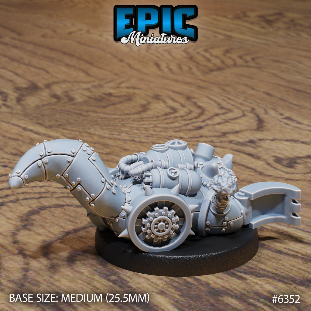 Vue de profil de la figurine JDR Mecha Mole, montrant les réservoirs, les tuyaux, la roue à engrenage et la queue en plaques rivetées