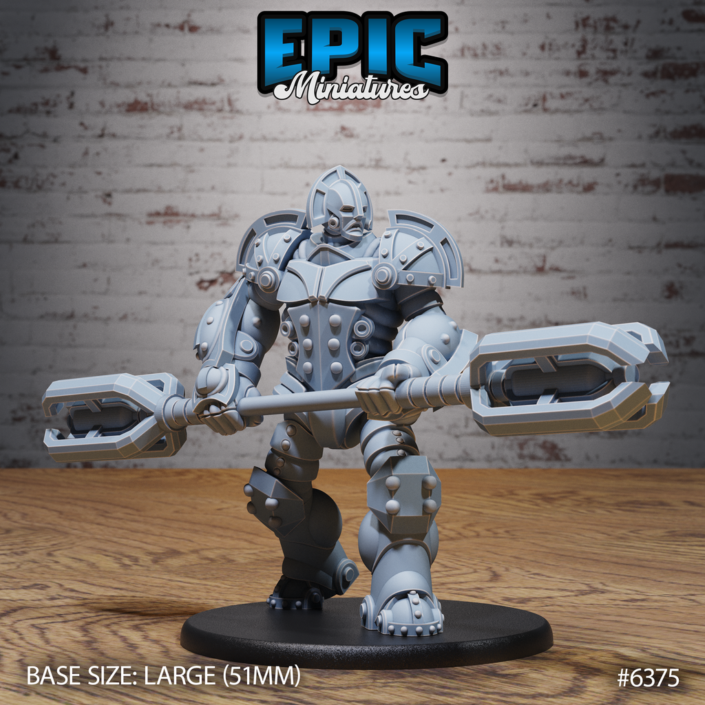 Figurine JDR Mechanus Guard Staff, gardien mécanique en armure rivetée tenant à deux mains un bâton à deux extrémités massives