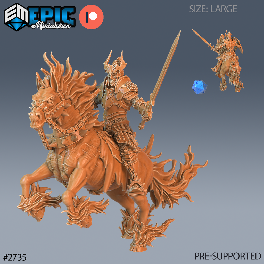 Narzugon Rider, chevalier au casque cornu tenant une épée levée, monté sur un cheval aux pattes avant levées, crinière, queue et sabots en flammes, avec une petite vue arrière