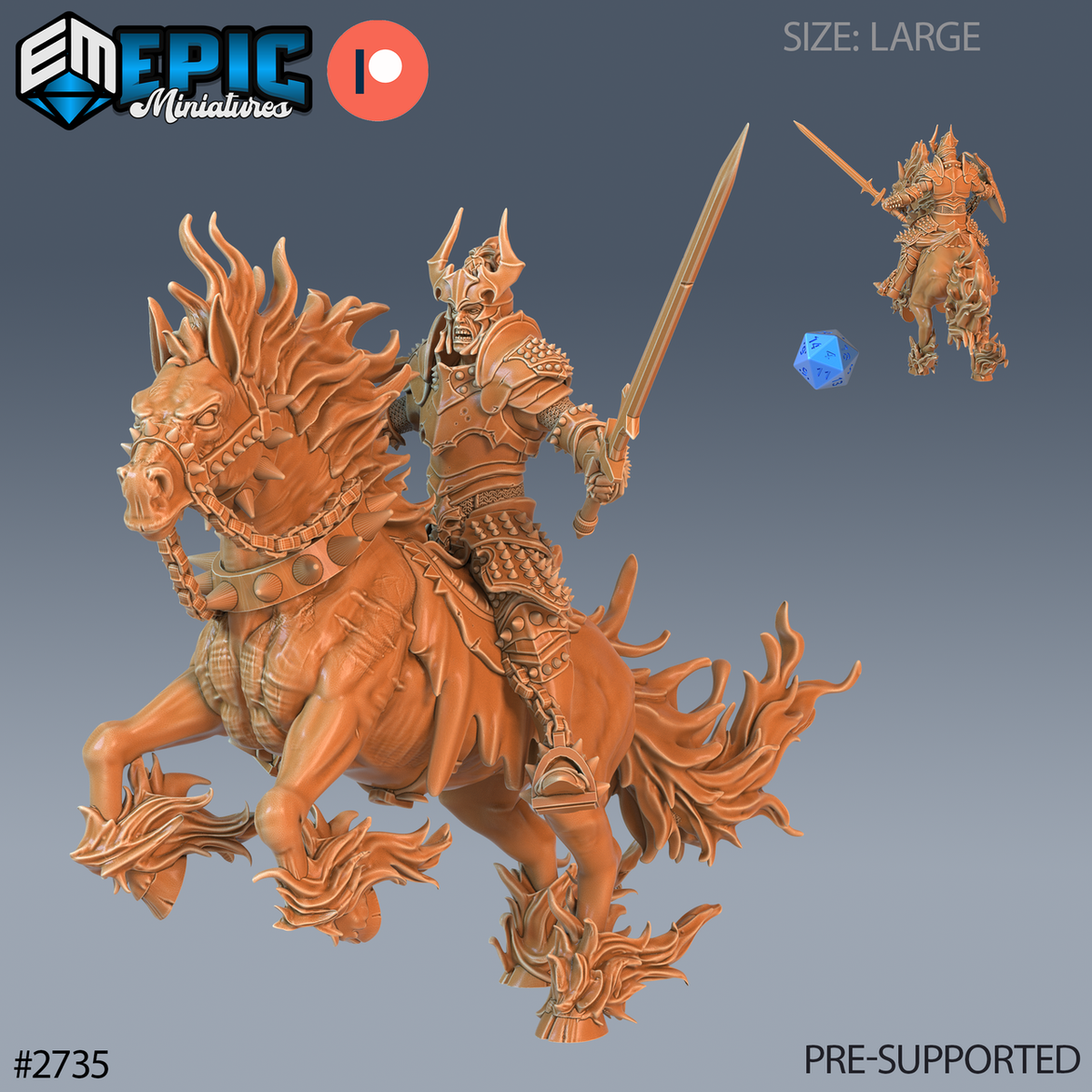Narzugon Rider, chevalier au casque cornu tenant une épée levée, monté sur un cheval aux pattes avant levées, crinière, queue et sabots en flammes, avec une petite vue arrière