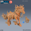 Nightmare Horse Mount, cheval infernal sellé sans cavalier, avec harnais à pointes, étriers et rênes en chaîne, crinière, queue et sabots en flammes, avec une petite vue arrière