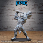 Figurine JDR Primal Giant Attack, géant musclé tenant à deux mains une massue à tête de pierre levée au-dessus de sa tête