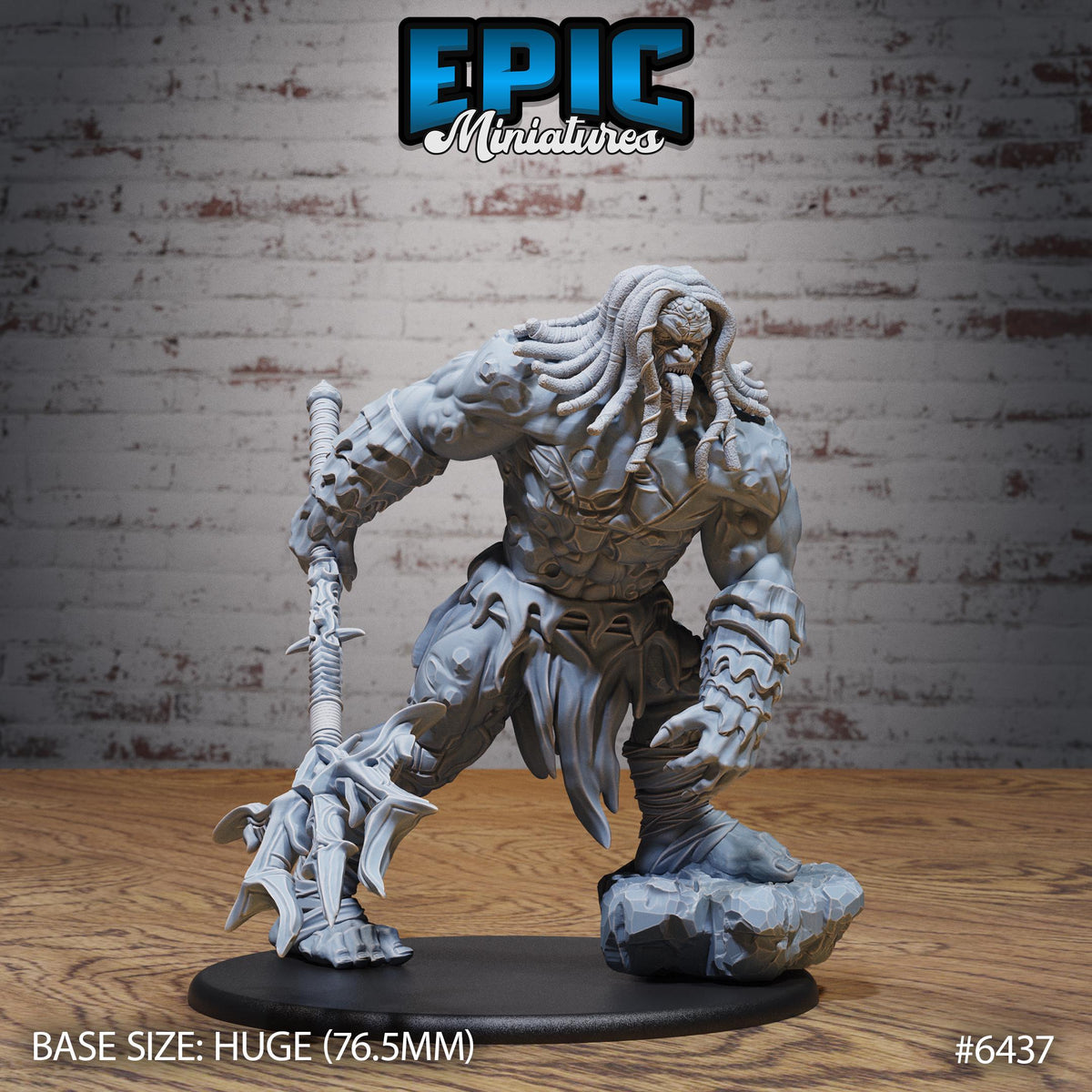 Figurine JDR Primal Giant Roar, géant musclé rugissant, un pied sur un rocher et une lourde massue abaissée à ses côtés