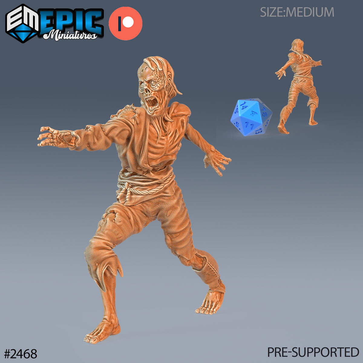 Figurine JDR Rotting Zombie Male Reaching, zombie décharné aux vêtements déchirés avançant une main tendue, bouche ouverte, vue avant et arrière. 