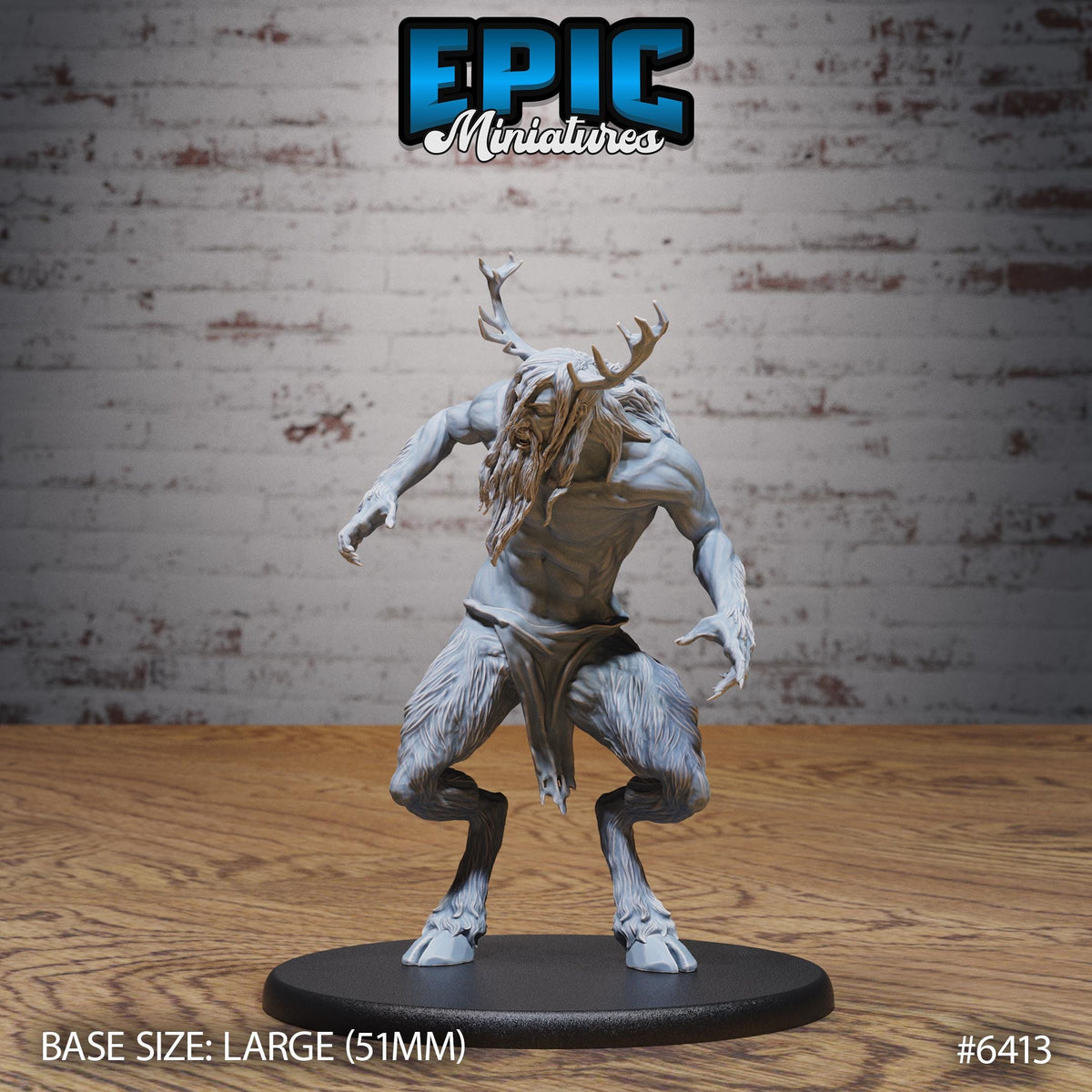 Figurine JDR Satyr Half-Giant, satyre demi-géant aux bois ramifiés, torse musclé et jambes velues à sabots, les genoux fléchis et les mains ouvertes