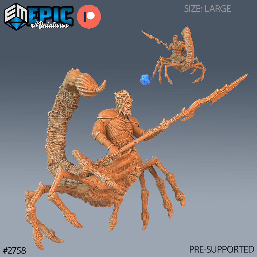 Scorpion Demon Spear, démon au torse humanoïde et au corps de scorpion, tenant une longue lance à deux mains, queue dressée avec aiguillon, avec une petite vue arrière