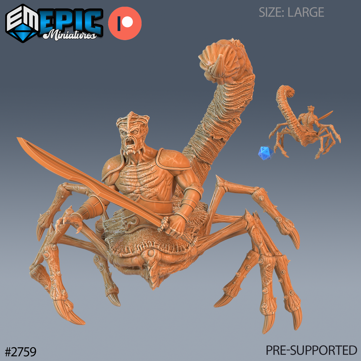 Scorpion Demon Sword, démon au torse humanoïde et au corps de scorpion, épée tenue à une main, main libre griffue et queue dressée, avec petite vue arrière