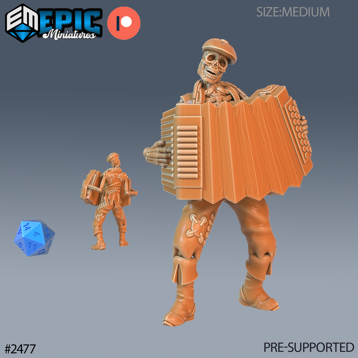 Figurine JDR Skeleton Musician Accordion, squelette coiffé d’un béret jouant d’un accordéon au soufflet déployé, vue avant et arrière. 
