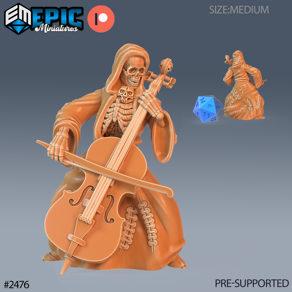 Figurine JDR Skeleton Musician Cello, squelette en robe à capuche jouant du violoncelle avec un archet, vue avant et arrière. 